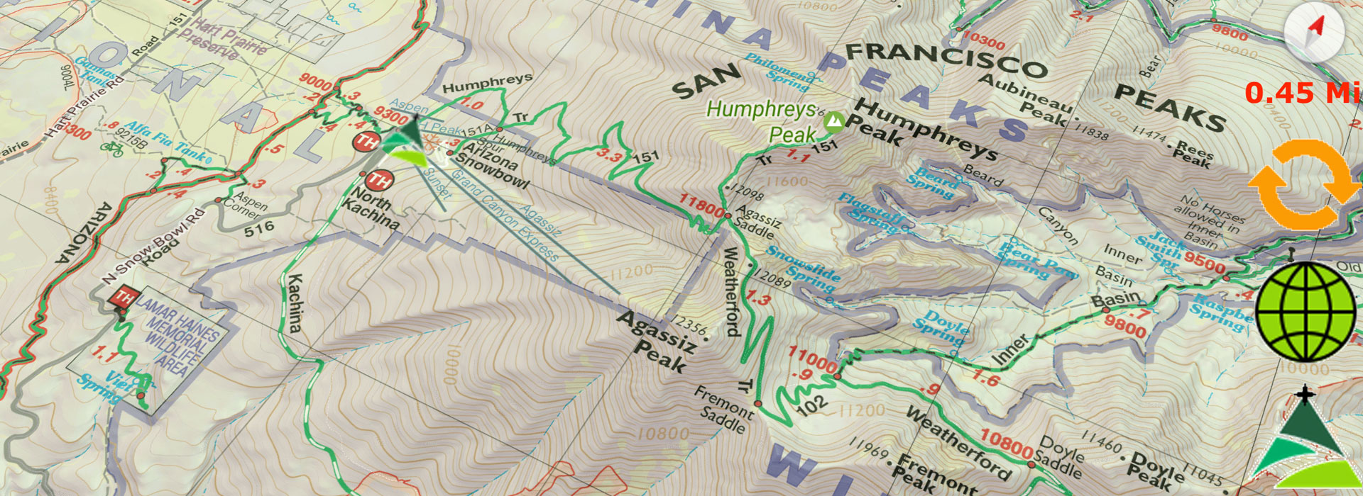 A close up of the map shows the trail.